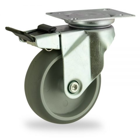 Galvanisé roulette pivotante avec frein 100mm  pour chariots,roue de caoutchouc thermoplastique couleur gris,moyeu lisse.Monté en platine