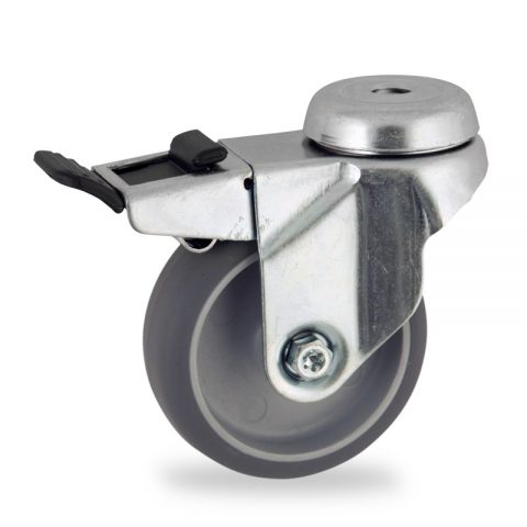 Galvanisé roulette pivotante avec frein 100mm  pour chariots,roue de caoutchouc thermoplastique couleur gris,moyeu lisse.Monté en trou central