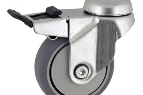 Galvanisé roulette pivotante avec frein 75mm  pour chariots,roue de caoutchouc thermoplastique couleur gris,moyeu lisse.Monté en trou central