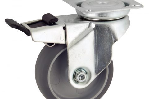 Galvanisé roulette pivotante avec frein 100mm  pour chariots,roue de caoutchouc thermoplastique couleur gris,roulement à billes.Monté en platine
