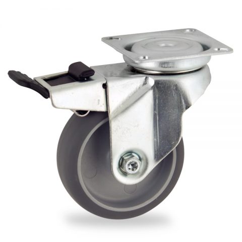 Galvanisé roulette pivotante avec frein 50mm  pour chariots,roue de caoutchouc thermoplastique couleur gris,roulement à billes.Monté en platine