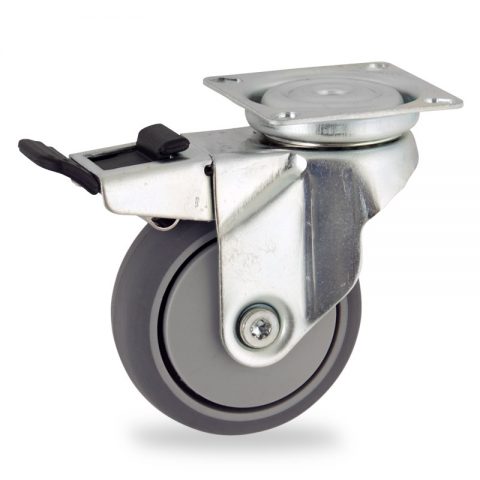 Galvanisé roulette pivotante avec frein 50mm  pour chariots,roue de caoutchouc thermopastique couleur gris,roulement à billes.Monté en platine