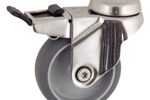 Inoxydable roulette pivotante avec frein 50mm  pour chariots,roue de caoutchouc thermoplastique couleur gris,moyeu lisse.Monté en trou central