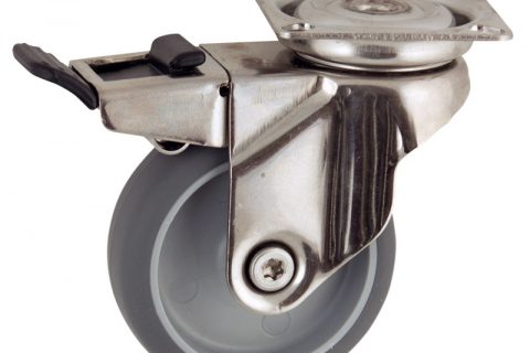 Inoxydable roulette pivotante avec frein 125mm  pour chariots,roue de caoutchouc thermoplastique couleur gris,roulement à billes.Monté en platine