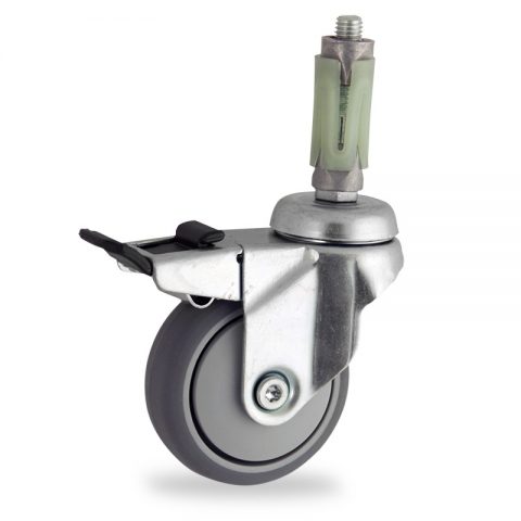 Galvanisé roulette pivotante avec frein 50mm  pour chariots,roue de caoutchouc thermoplastique couleur gris,roulement à billes.Monté en expansible rond 19/23