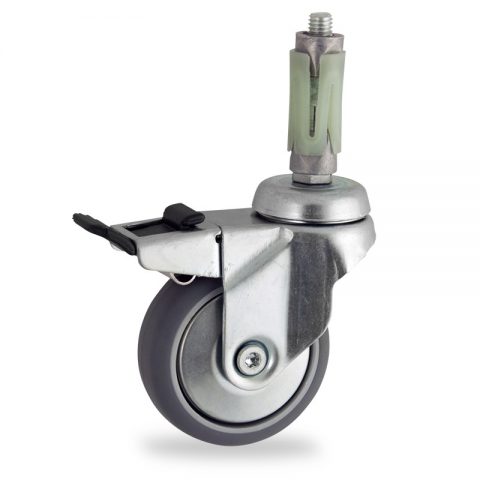Galvanisé roulette pivotante avec frein 50mm  pour chariots,roue de caoutchouc thermoplastique couleur gris,roulement à billes.Monté en expansible rond 26/30