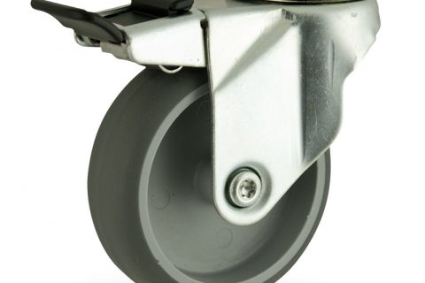 Galvanisé roulette pivotante avec frein 125mm  pour chariots,roue de caoutchouc thermoplastique couleur gris,roulement à billes.Monté en trou central