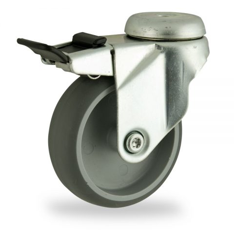 Galvanisé roulette pivotante avec frein 75mm  pour chariots,roue de caoutchouc thermoplastique couleur gris,roulement à billes.Monté en trou central