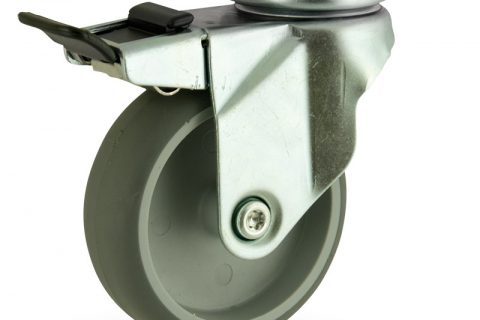 Galvanisé roulette pivotante avec frein 125mm  pour chariots,roue de caoutchouc thermoplastique couleur gris,moyeu lisse.Monté en platine