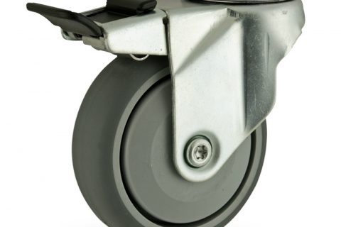 Galvanisé roulette pivotante avec frein 100mm  pour chariots,roue de caoutchouc thermoplastique couleur gris,roulement à billes de precision.Monté en trou central
