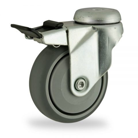 Galvanisé roulette pivotante avec frein 75mm  pour chariots,roue de caoutchouc thermoplastique couleur gris,roulement à billes de precision.Monté en trou central