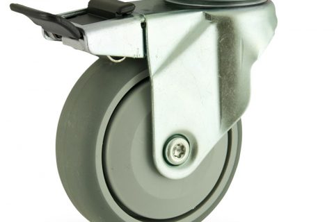 Galvanisé roulette pivotante avec frein 125mm  pour chariots,roue de caoutchouc thermoplastique couleur gris,roulement à billes de precision.Monté en platine