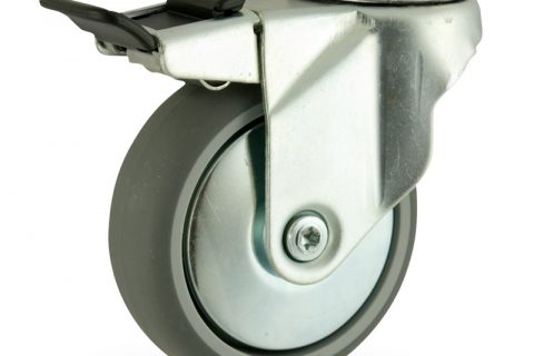 Galvanisé roulette pivotante avec frein 100mm  pour chariots,roue de caoutchouc thermoplastique couleur gris,roulement à billes.Monté en trou central