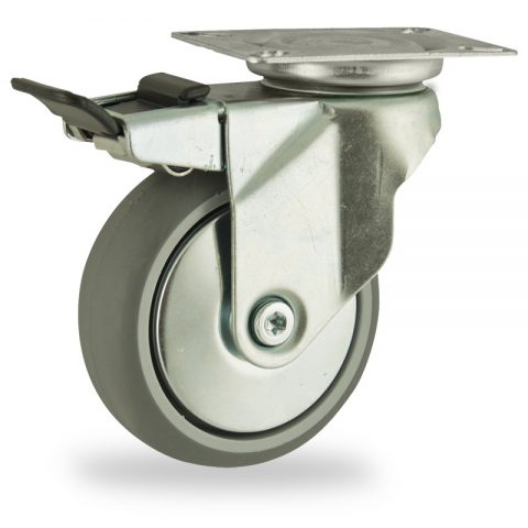 Galvanisé roulette pivotante avec frein 100mm  pour chariots,roue de caoutchouc thermoplastique couleur gris,moyeu lisse.Monté en platine