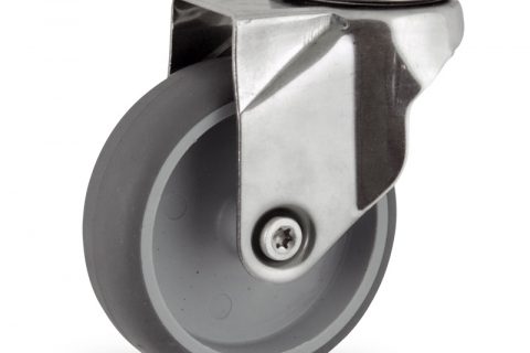 Inoxydable roulette pivotante 75mm  pour chariots,roue de caoutchouc thermoplastique couleur gris,roulement à billes.Monté en trou central