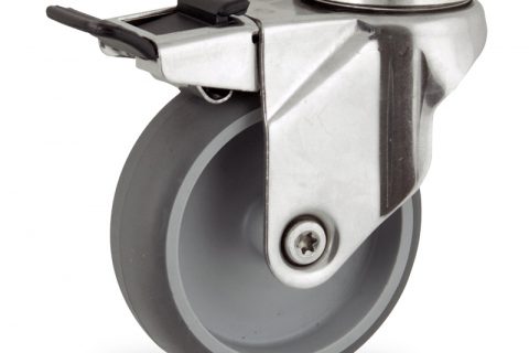 Inoxydable roulette pivotante avec frein 75mm  pour chariots,roue de caoutchouc thermoplastique couleur gris,moyeu lisse.Monté en trou central