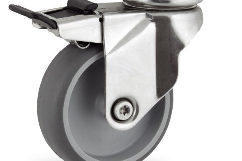 Inoxydable roulette pivotante avec frein 150mm  pour chariots,roue de caoutchouc thermoplastique couleur gris,roulement à billes.Monté en platine