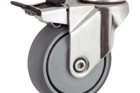 Inoxydable roulette pivotante avec frein 100mm  pour chariots,roue de caoutchouc thermoplastique couleur gris,roulement à billes de precision.Monté en trou central