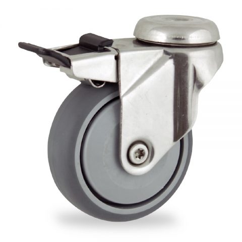 Inoxydable roulette pivotante avec frein 125mm  pour chariots,roue de caoutchouc thermoplastique couleur gris,roulement à billes de precision.Monté en trou central