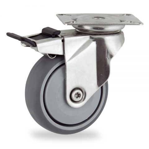 Inoxydable roulette pivotante avec frein 100mm  pour chariots,roue de caoutchouc thermoplastique couleur gris,roulement à billes de precision.Monté en platine
