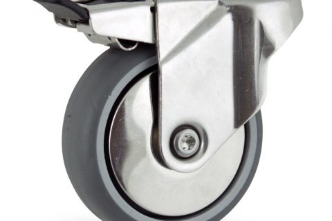 Inoxydable roulette pivotante avec frein 150mm  pour chariots,roue de caoutchouc thermoplastique couleur gris,moyeu lisse.Monté en trou central