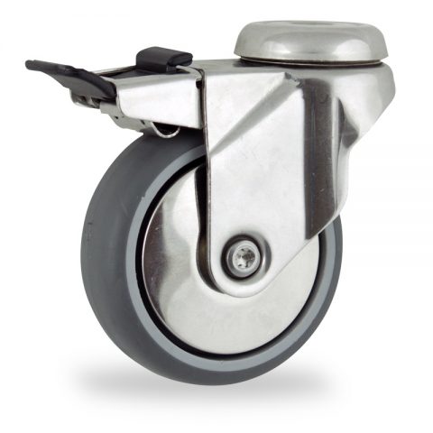 Inoxydable roulette pivotante avec frein 100mm  pour chariots,roue de caoutchouc thermoplastique couleur gris,roulement à billes.Monté en trou central