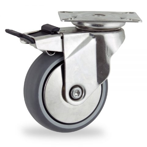 Inoxydable roulette pivotante avec frein 100mm  pour chariots,roue de caoutchouc thermoplastique couleur gris,roulement à billes.Monté en platine