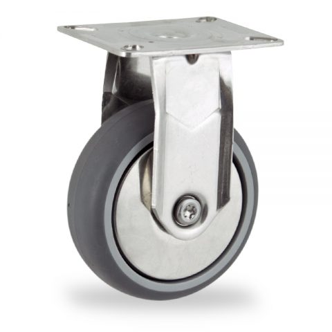 Inoxydable roulette fixe  125mm  pour chariots,roue de caoutchouc thermoplastique couleur gris,roulement à billes.Monté en platine