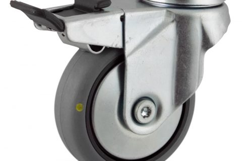 Galvanisé roulette pivotante avec frein 100mm  pour chariots,roue de Conductrice caoutchouc thermoplastique couleur gris,moyeu lisse.Monté en trou central