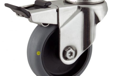 Inoxydable roulette pivotante avec frein 50mm  pour chariots,roue de Conductrice caoutchouc thermoplastique couleur gris,roulement à billes.Monté en trou central
