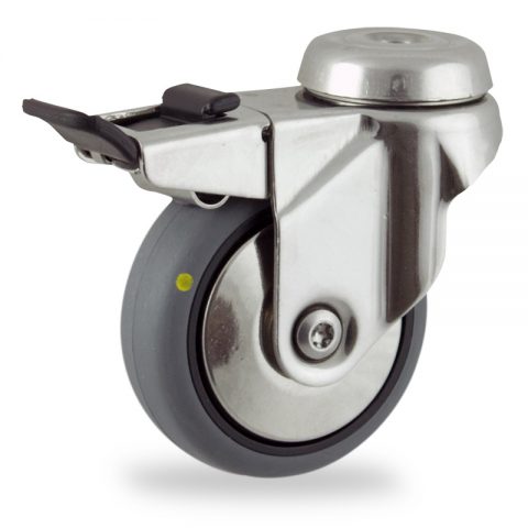 Inoxydable roulette pivotante avec frein 125mm  pour chariots,roue de Conductrice caoutchouc thermoplastique couleur gris,moyeu lisse.Monté en trou central