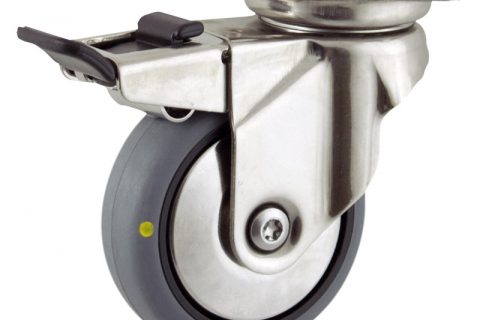 Inoxydable roulette pivotante avec frein 125mm  pour chariots,roue de Conductrice caoutchouc thermoplastique couleur gris,roulement à billes.Monté en platine