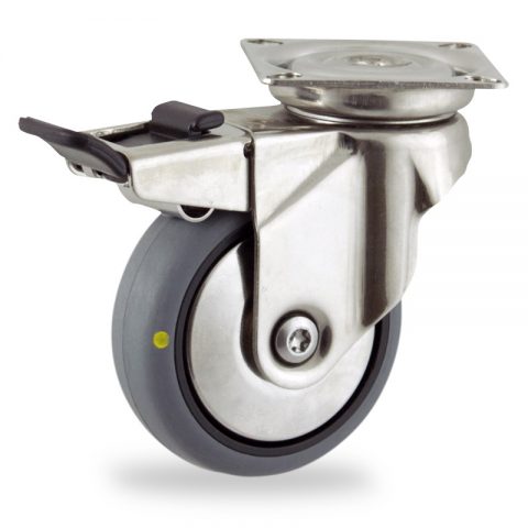 Inoxydable roulette pivotante avec frein 50mm  pour chariots,roue de Conductrice caoutchouc thermoplastique couleur gris,roulement à billes.Monté en platine
