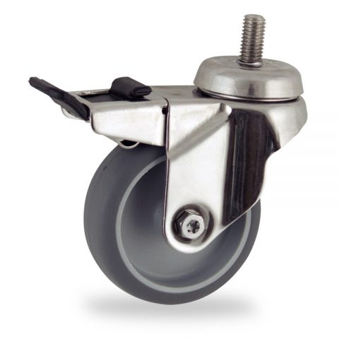 Inoxydable roulette pivotante avec frein 50mm  pour chariots,roue de caoutchouc thermoplastique couleur gris,roulement à billes.Monté en embout filété