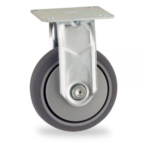 Galvanisé roulette fixe  75mm  pour chariots,roue de caoutchouc thermoplastique couleur gris,moyeu lisse.Monté en platine