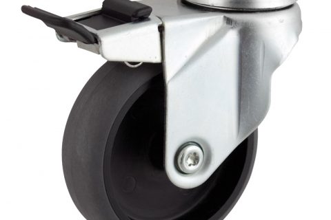 Galvanisé roulette pivotante avec frein 125mm  pour chariots,roue de Conductrice caoutchouc thermoplastique couleur gris,moyeu lisse.Monté en trou central