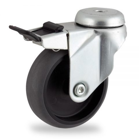 Galvanisé roulette pivotante avec frein 75mm  pour chariots,roue de Conductrice caoutchouc thermoplastique couleur gris,moyeu lisse.Monté en trou central