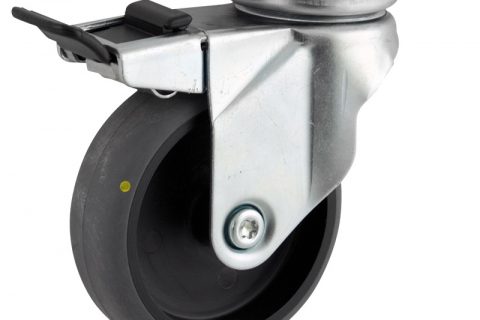 Galvanisé roulette pivotante avec frein 100mm  pour chariots,roue de Conductrice caoutchouc thermoplastique couleur gris,moyeu lisse.Monté en platine