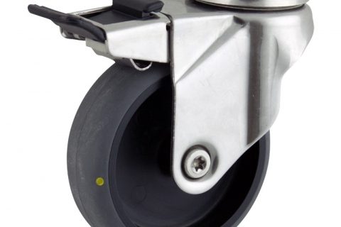 Inoxydable roulette pivotante avec frein 100mm  pour chariots,roue de Conductrice caoutchouc thermoplastique couleur gris,moyeu lisse.Monté en trou central