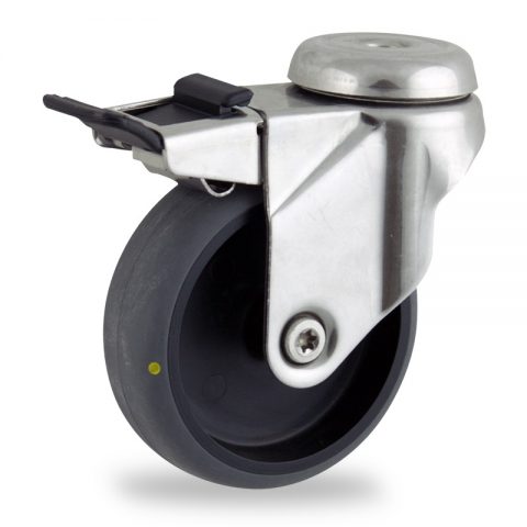Inoxydable roulette pivotante avec frein 100mm  pour chariots,roue de Conductrice caoutchouc thermoplastique couleur gris,roulement à billes.Monté en trou central