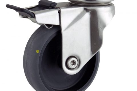 Inoxydable roulette pivotante avec frein 100mm  pour chariots,roue de Conductrice caoutchouc thermoplastique couleur gris,roulement à billes.Monté en platine
