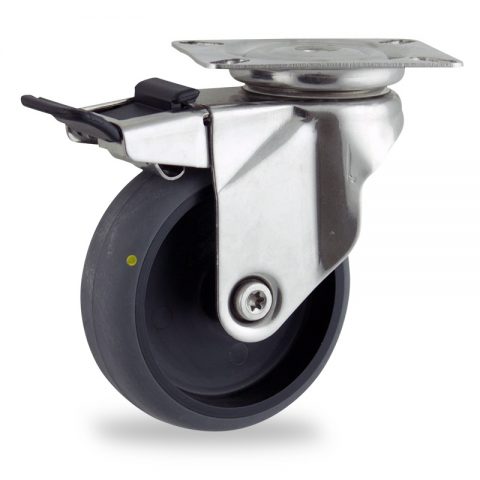 Inoxydable roulette pivotante avec frein 150mm  pour chariots,roue de Conductrice caoutchouc thermoplastique couleur gris,moyeu lisse.Monté en platine