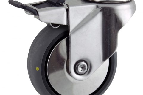 Inoxydable roulette pivotante avec frein 100mm  pour chariots,roue de Conductrice caoutchouc thermoplastique couleur gris,roulement à billes.Monté en trou central