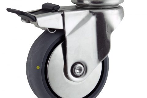 Inoxydable roulette pivotante avec frein 150mm  pour chariots,roue de Conductrice caoutchouc thermoplastique couleur gris,roulement à billes.Monté en platine