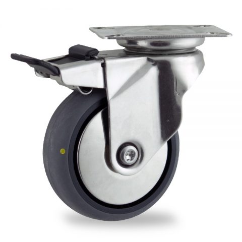 Inoxydable roulette pivotante avec frein 125mm  pour chariots,roue de Conductrice caoutchouc thermoplastique couleur gris,moyeu lisse.Monté en platine