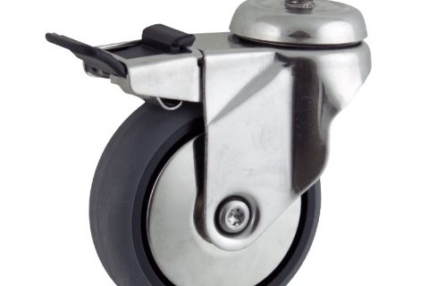 Inoxydable roulette pivotante avec frein 100mm  pour chariots,roue de Conductrice caoutchouc thermoplastique couleur gris,moyeu lisse.Monté en embout filété