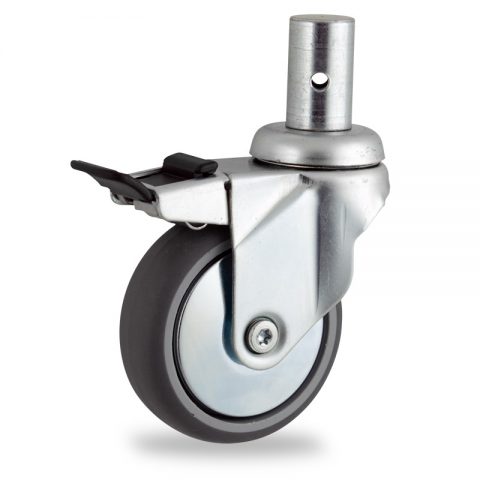 Galvanisé roulette pivotante avec frein 100mm  pour chariots,roue de caoutchouc thermoplastique couleur gris,moyeu lisse.Rond tige de fixation 28x50