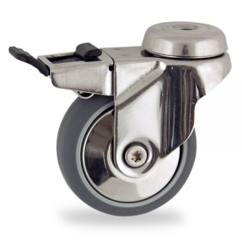 Inoxydable roulette pivotante avec frein 125mm  pour chariots,roue de caoutchouc thermoplastique couleur gris,roulement à billes.Monté en trou central