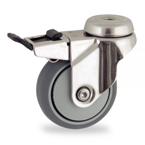 Inoxydable roulette pivotante avec frein 50mm  pour chariots,roue de caoutchouc thermopastique couleur gris,roulement à billes.Monté en trou central